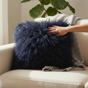 West Elm Navy Blue Lamb Fur Pillow Cover.